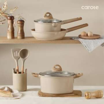 CAROTE 25pcs Ceramic Pots and Pans Set, Healthy Kitchen Cookware Sets, Kitchen Induction Pots and Pans Cooking Sets, Taupe