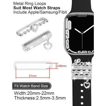 JR.DM 11-Pcs Super Bling Watch Charms with 9-Pcs Decorative Rings Loops 2-Pcs Decoration, Compatible with Apple Watch Band Metal Diamond Sliding Accessories for iWatch Series 9 8 7 6 5 4 3 2 1