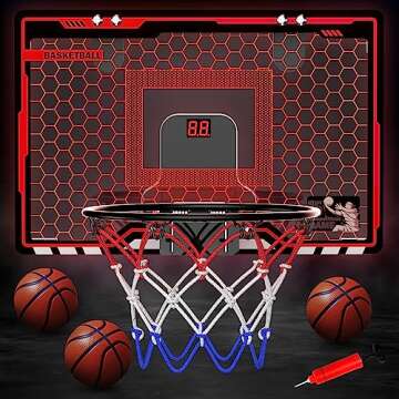 HopeRock Indoor Basketball Hoop for Kids, Over The Door Mini Basketball Hoops, LED Light Mini Hoop with Electronic Scoreboard, Birthday Toys Gifts for 5 6 7 8 9 10 11 12+ Year Old Boys