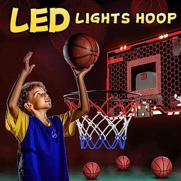 HopeRock Indoor Basketball Hoop for Kids, Over The Door Mini Basketball Hoops, LED Light Mini Hoop with Electronic Scoreboard, Birthday Toys Gifts for 5 6 7 8 9 10 11 12+ Year Old Boys