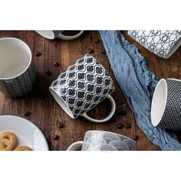 MACHUMA Set of 6 11.5 oz Coffee Mugs with Black and White Geometric Patterns, Ceramic Tea Cup Set