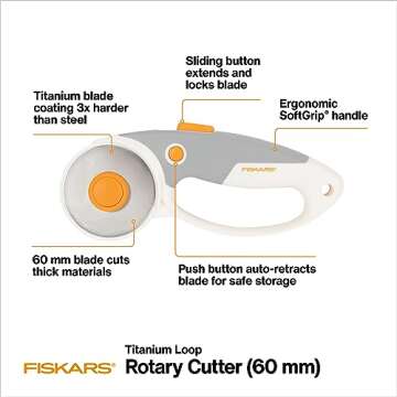 Fiskars 60mm Rotary Cutter for Fabric with Ergonomic Loop Grip And Comfort Handle, Titanium Rotary Fabric Cutter for Thick Materials, Easy and Safe Blade Change, Sewing Supplies and Quilting Tools