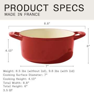 Made In Cookware - Dutch Oven 3.5 Quart - Red - Enameled Cast Iron - Exceptional Heat Retention & Durability - Professional Cookware - Crafted in France - Induction Compatible