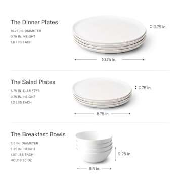 Fable Dinnerware Set - Includes 4 Each of The Dinner Plates, The Salad Plates, and The Breakfast Bowls - Dishwasher Safe, Durable Stoneware Ceramic Plates and Bowls - Speckled White