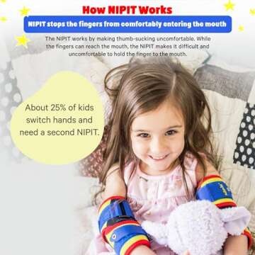 NIPIT Age 2-7 Thumb Sucking Habit STOP for Kids, Best Toddler Finger Sucking Prevention. #1 Pediatric Dentist Rated, since 2014, Keep Fingers Uncovered to Develop and Play, INCLUDES Motivation Program