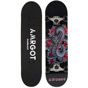 Amrgot Skateboards for Beginners,31 * 8 inches Complete Skateboards for Kids,Boys,Girls and Adults,7 Layer Maple Wood,Double Kick Deck Concave Standard and Tricks Skateboard (Dragon)