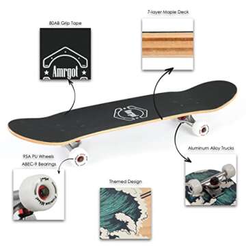 Amrgot Skateboards for Beginners,31 * 8 inches Complete Skateboards for Kids,Boys,Girls and Adults,7 Layer Maple Wood,Double Kick Deck Concave Standard and Tricks Skateboard (Dragon)