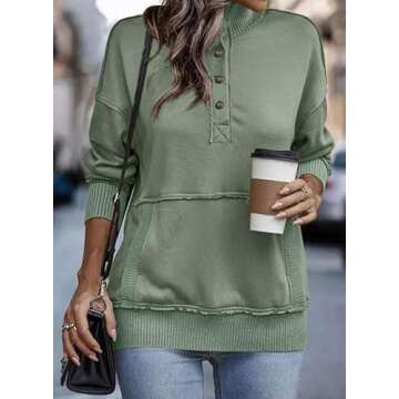 SHEWIN Sweatshirt For Women Loose Fit Casual Button V Neck Solid Lightweight Pullover Sweatshirts Long Sleeve Fall Tops with Pocket,US 8-10(M),Green