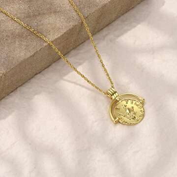 FRUMOS 18K Gold Plated Long necklace for Girls classic Retro Reimagined rope chain Pendant necklace roman arc coin gold vermeil ridge cross necklace apollo medallion coin Gold Necklaces for Womens