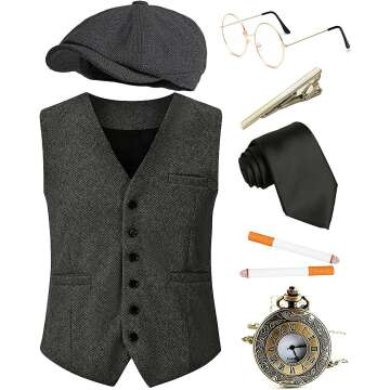 Halloween 1920s Mens Costume Accessories Set,Great Gatsby Clothing,Roaring 20s Pocket Watch,Mafia Mobster Hat