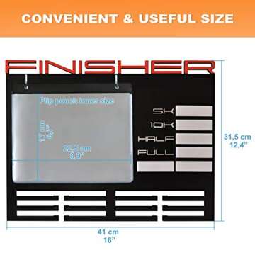 Sports Marathon Medal Display Rack For Runners with Writing Notes Area Hanger for 50 plus Medals Holder for 100 Runner Race Bibs Photos Memorabilia Includes 12 Vinyl Flip Pouches + Whiteboard Mark