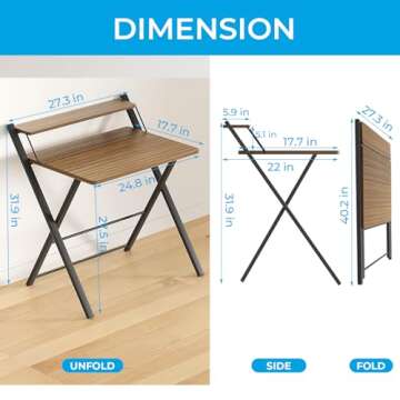 GreenForest Folding Desk No Assembly Required Small Size, 2-Tier Foldable Computer Desk with Shelf for Home Office, Space Saving Portable Laptop Study Foldable Table for Small Spaces, Espresso