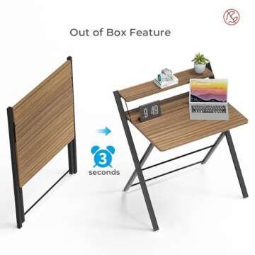 GreenForest Folding Desk No Assembly Required Small Size, 2-Tier Foldable Computer Desk with Shelf for Home Office, Space Saving Portable Laptop Study Foldable Table for Small Spaces, Espresso