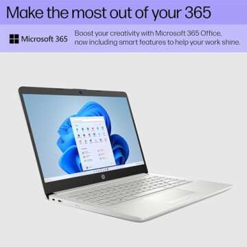 HP Portable Laptop, Student and Business, 14" HD Display, Intel Quad-Core N4120, 16GB DDR4 RAM, 64GB eMMC, 1 Year Office 365, Webcam, RJ-45, HDMI, Wi-Fi, Windows 11 Home, Silver