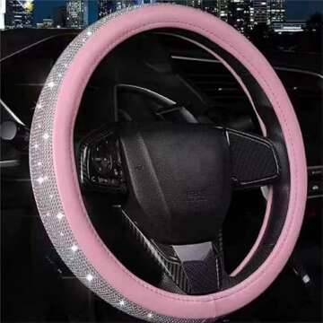 Steering Wheel Cover Women Pink Bling Diamond Steering Wheel Cover, Leather Cute Steering Wheel Covers with Crystal Rhinestones, Breathable, Anti-Slip Universal Fit 14-15 Inch Bling Car Accessories