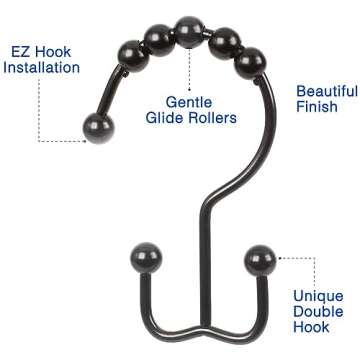 2lbDepot Double Shower Curtain Hooks Rings (Matte Black Decorative Finish) Premium Rust Resistant Stainless Steel Metal Hook, Roller Balls Glide on Shower Rods, Set of 12 pieces