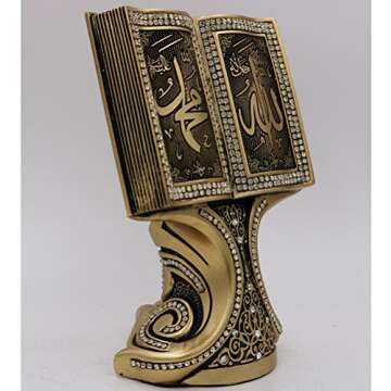 Quran Open Book Allah Muhammad - Home Decor Showpiece Gift 6.25 x 4.5in (Gold)