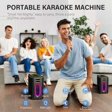 Karaoke Machine with Two Wireless Microphones, Powerful Portable Bluetooth Speaker for Adults & Kids, PA System with 3 Voice Mode, LED Lights, Supports BT/TWS/AUX/USB/TF for Party