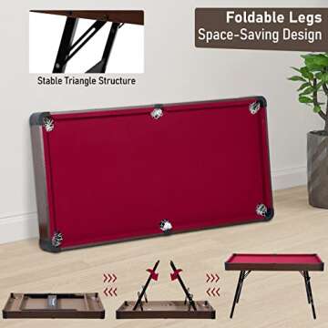 RayChee 48" Pool Table, Portable Billiard Tables for Kids and Adults, Foldable Pool Table with Locking Legs, Adjustable Feet, Balls, Cues, Triangle, Chalk, Brush for Family Game Room (Red)