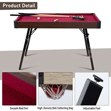 RayChee 48" Pool Table, Portable Billiard Tables for Kids and Adults, Foldable Pool Table with Locking Legs, Adjustable Feet, Balls, Cues, Triangle, Chalk, Brush for Family Game Room (Red)