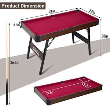 RayChee 48" Pool Table, Portable Billiard Tables for Kids and Adults, Foldable Pool Table with Locking Legs, Adjustable Feet, Balls, Cues, Triangle, Chalk, Brush for Family Game Room (Red)