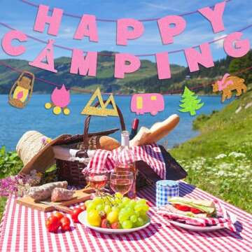 Kristin Paradise Happy Camping Banner, Glamping Party Sign Decorations for Girl, Pink Camper Theme Supplies, Camp Birthday Themed Decor