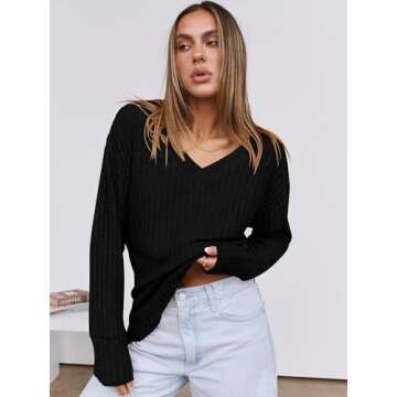 ANRABESS Long Sleeve Shirts for Women V Neck Casual Fall Tops Loose Fit Lightweight Sweaters Tunic Fashion 2024 Clothes Black X-Large