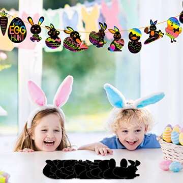 FEPITO 24 Pcs Easter Scratch Paper Kits Bunny Scratch Paper Black Doodle Pad Magic Painting Board DIY Craft with 10 Wooden Stylus and 8M Ribbons for Kids Easter Party Decorations Supplies