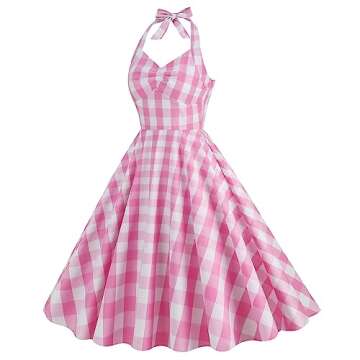 50s Plaid Halter Dresses for Women Vintage Pink Plaid Dress Pin Up Dresses 1950 Gingham Rockabilly Dresses Women Pink White Gingham Knee Length Swing Dresses Pink White Gingham-Halter Medium