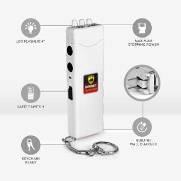 Guard Dog Hornet Micro Stun Gun Keychain - with LED Flashlight, Safety Switch, and Powerful Shock, Heavy Duty Keychain Stun Gun with Bright Flashlight, Built-in Charger, Women Self Defense - White