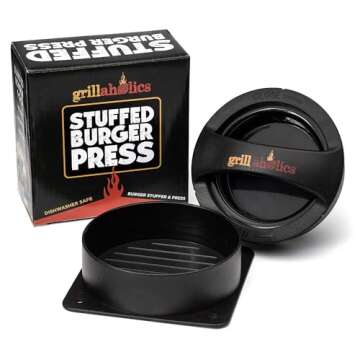 Grillaholics Stuffed Burger Press and Recipe eBook - Extended Warranty - Burger Stuffer & Hamburger Patty Maker - The Perfect Grilling Gift & Stocking Stuffer