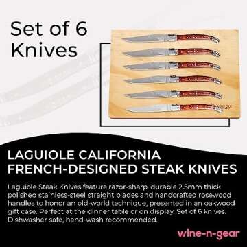 Laguiole California Steak Knives - 6 Piece Rosewood Set - Ergonomic Handles - Stored in a California Oakwood Gift Box - Extremely Sharp Straight Steel Blades are Thick Gauge, Full Tang