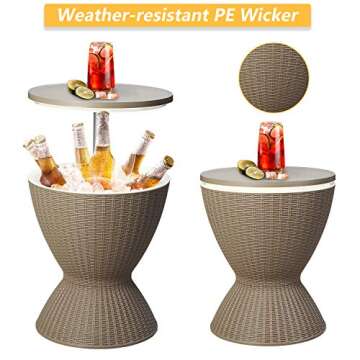 HYD-Parts Cool Bar Outdoor Patio Table Ice Bucket - 3 in 1 Adjustable Height Rattan Wicker Bar Table, All-Weather Wicker Bar Cocktail Coffee Table for Home Outdoor Party Deck Pool Use (Coffee)