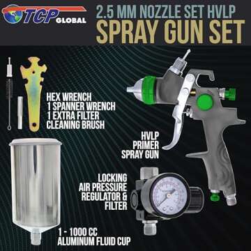 TCP Global Brand Professional New 2.5mm HVLP Spray Gun- Great for High Build Auto Paint Primer - Metal Flake Application and Any Heavy Bodied Paint or Primer Material -with Air Regulator