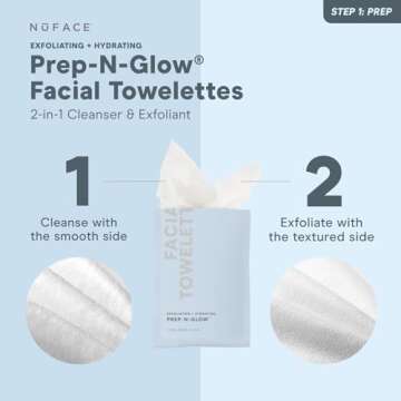 NuFACE Prep-N-Glow Facial Towelettes - 2-in-1 Exfoliating + Cleansing Makeup Remover Wipes, Hyaluronic Acid Travel Face Wipes to Hydrate & Brighten for Glowing Skin - 5 Individually Wrapped Cloths