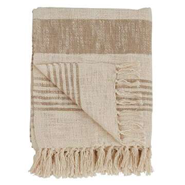 SARO LIFESTYLE Striped Cotton Throw Blanket with Tasseled Trim, Natural, 50"x60"