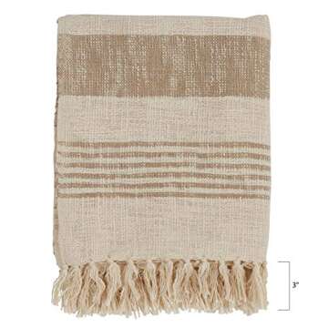 SARO LIFESTYLE Striped Cotton Throw Blanket with Tasseled Trim, Natural, 50"x60"