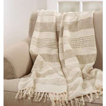 SARO LIFESTYLE Striped Cotton Throw Blanket with Tasseled Trim, Natural, 50"x60"