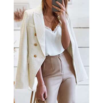 Happy Sailed Tweed Blazers for Women Dressy Casual Double Breasted Long Sleeve Lapel Collar Formal Blazer Jackets Slim Fit Open Front Business Work Jackets White Small