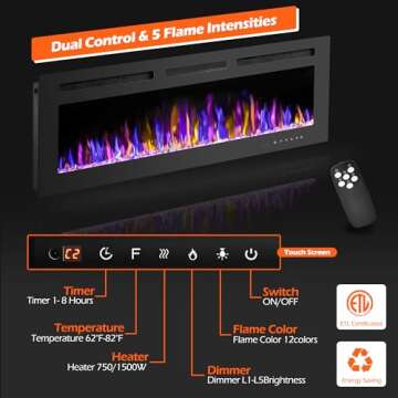 BETELNUT 50" Electric Fireplace Wall Mounted and Recessed with Remote Control, 750/1500W Ultra-Thin Wall Fireplace Heater W/Timer Adjustable Flame Color and Brightness, Log Set & Crystal Options