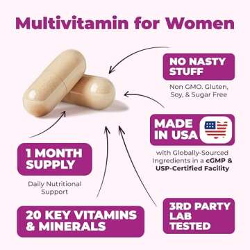 Multivitamin for Women - Daily Womens Multivitamin & Multimineral with Vitamin A, C, D, E, B12, Zinc and More Vitamins for Women - Womens Vitamins for Energy, Focus, and Womens Health. 60 Capsules