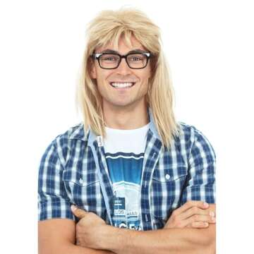 ALLAURA Garth Wig 90s Guitar Rocker Blonde Mullet Wig + Black Glasses | Mens 80s Punk Heavy Metal Blonde Mullet Wigs | Garth Glasses | Compatible with Garth Wig — Funny Couples Costumes for Halloween