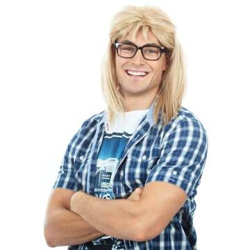 ALLAURA Garth Wig 90s Guitar Rocker Blonde Mullet Wig + Black Glasses | Mens 80s Punk Heavy Metal Blonde Mullet Wigs | Garth Glasses | Compatible with Garth Wig — Funny Couples Costumes for Halloween