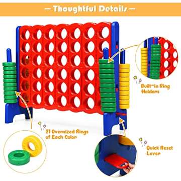 KOTEK Giant 4-in-a-Row Game, 3.5 Feet Tall Jumbo 4-to-Score Family Fun Game with Quick-Release Sliders & 42 Large Rings, Oversized Connect Plastic Yard Game Outdoor for Kids & Adults (Blue+Red)