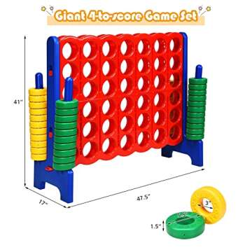 KOTEK Giant 4-in-a-Row Game, 3.5 Feet Tall Jumbo 4-to-Score Family Fun Game with Quick-Release Sliders & 42 Large Rings, Oversized Connect Plastic Yard Game Outdoor for Kids & Adults (Blue+Red)