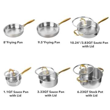 imarku Stainless Steel Pots and Pans Set, 10-Piece Tri-Ply Hammered Stainless Steel Cookware Set with Gold Handle, Professional Induction Kitchen Cookware Sets, Oven Dishwasher Safe, Non Toxic