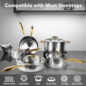 imarku Stainless Steel Pots and Pans Set, 10-Piece Tri-Ply Hammered Stainless Steel Cookware Set with Gold Handle, Professional Induction Kitchen Cookware Sets, Oven Dishwasher Safe, Non Toxic