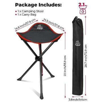 DEERFAMY Camping Stool 3 Legged Hold up to 225lbs Portable Tripod Seat with Shoulder Strap Compact Tri-Leg Chair for Backpacking Kayaking Canoeing Hiking Hunting Fishing Outdoor, Red 1 Pack