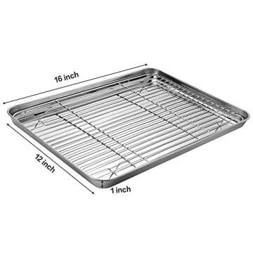 Stainless Steel Baking Sheet Tray Cooling Rack with Silicone Baking Mat Set, Cookie Pan with Cooling Rack, Set of 6 (2 Sheets + 2 Racks + 2 Mats), Size 16 x 12 x 1 Inch, Easy Clean