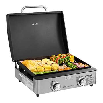 Monument Grills Portable Table Top Griddle, Flat Top Propane Gas Grill Griddle 22 inch 2-Burner 15,000 BTUs 312 sq. in. for Outdoor Cooking Camping, Black